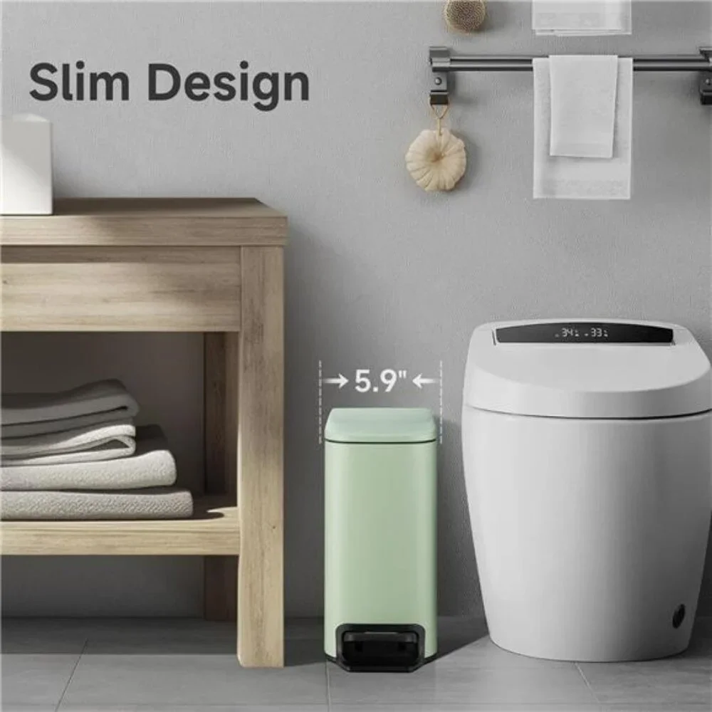 Green Slim Bathroom Trash Can with Lid Pedal Small Garbage Bin with Bucket